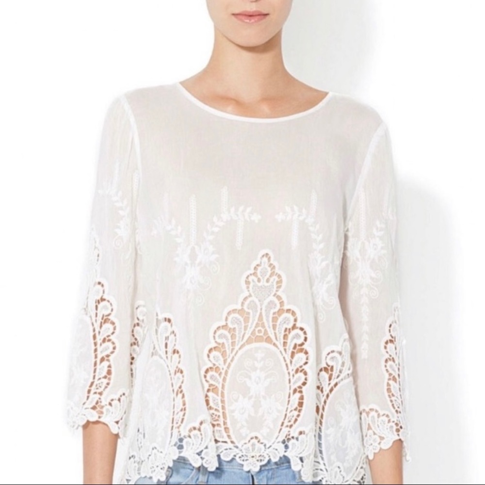 Cynthia Rowley White Lace Embroidered Button Top